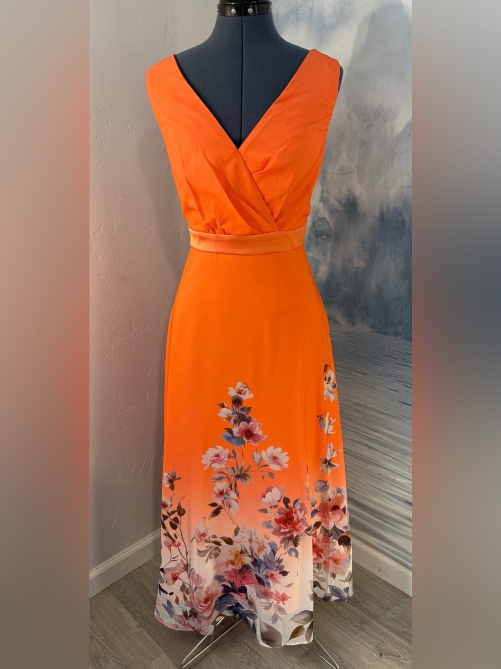 Vivid Orange Floral Wrap Maxi Dress #369